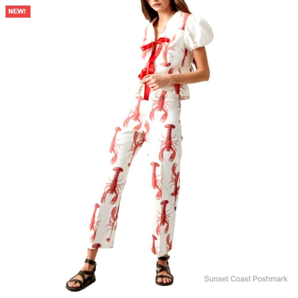 2 Piece Puff Sleeve Lobster Print Pants Top Set Ankle Length Lace Up Top New